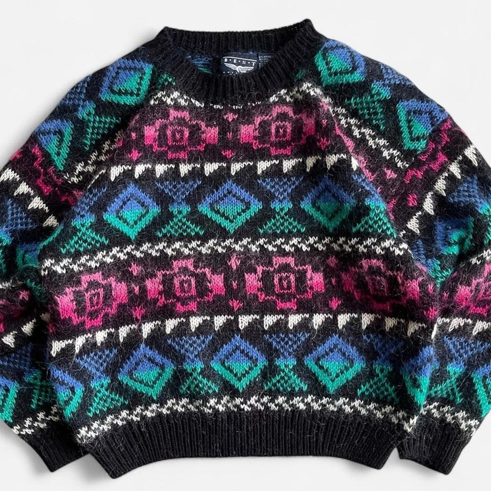 Vintage Best American Acrylic Wool Blend Knit Blue Black Pink Geometric Sweater